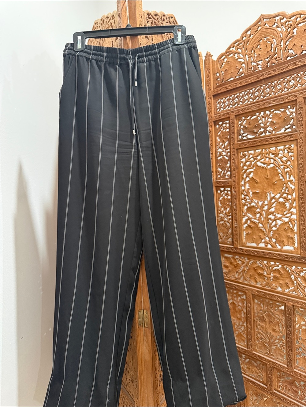 Anine Bing Black Pinstripe Wide Leg Pants